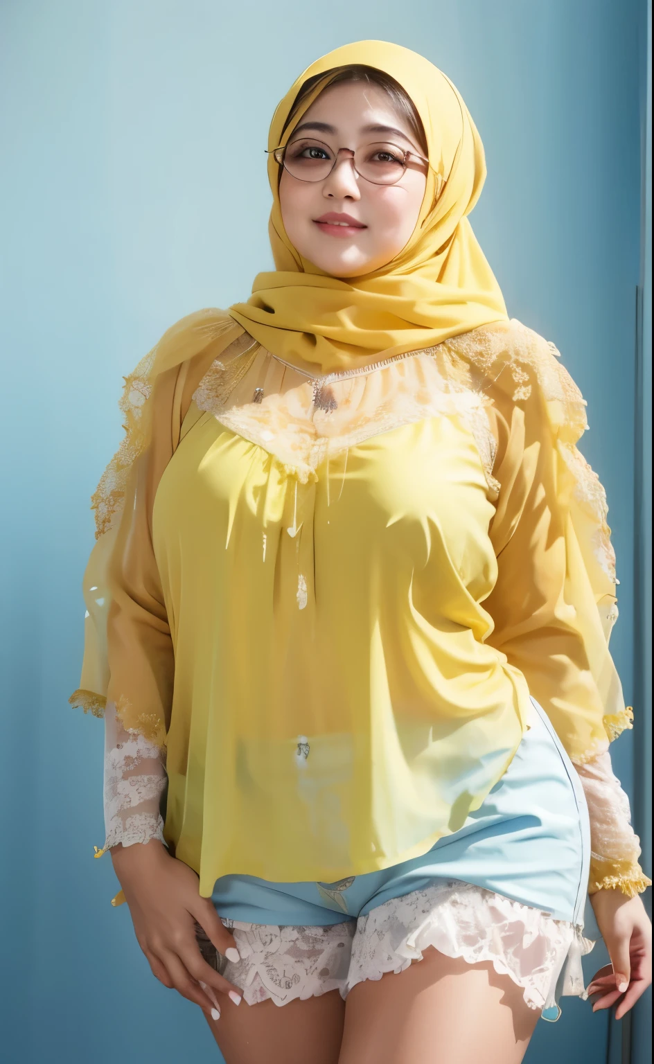 arafed woman in a yellow top and blue shorts posing for a picture, yellow translucent lace, yellow hijab, wearing wheat yellow gauze, with yellow cloths, fancy top, draped in silky gold, inspired by Nazmi Ziya Güran, inspired by Maryam Hashemi, yellow, inspired by Shaddy Safadi, chiffon, wearing yellow floral blouse, glasses, chubby.