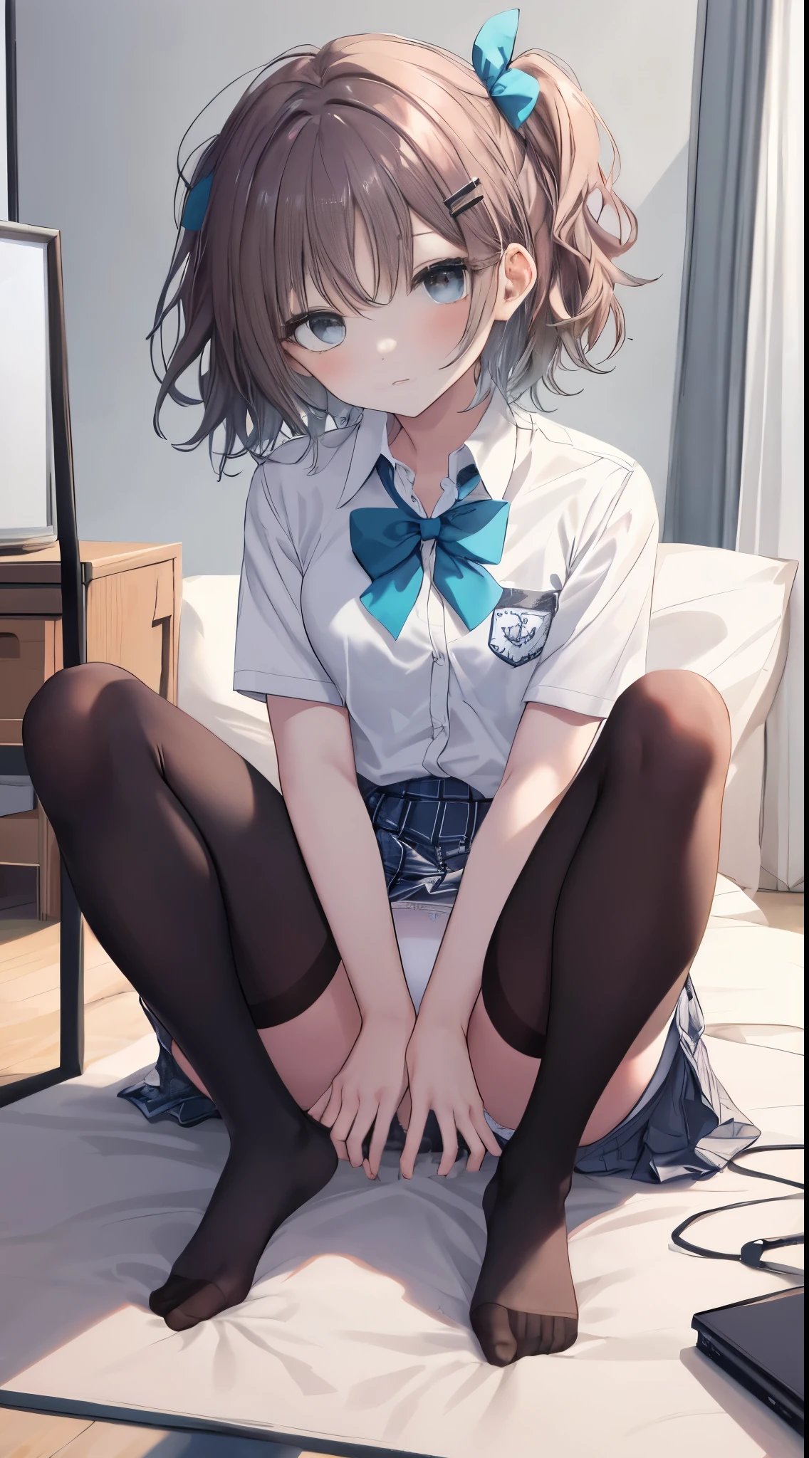 Highest級の, masterpiece, High resolution, (full body), front, symmetrical, Mature tall high school girl, alone, (full body from head to toe), small breasts, slightly messy hair, (blackのタイツ）, （Black Pantyhose), blackパンスト, 足をM-shaped legsしている, showing white panties, slender beautiful legs, とても美しく背の高いの女の子, ((not wearing shoes)) , shy big eyes, ( (brown hair)), (bangs), messy hair, (hair clip), looking at camera, masterpiece、Highest品質、Highest、full body portrait、intricate details、Super delicate illustration、perfect anatomy、correct anatomy、perfect proportion perfect、17 years old girl with mature figure、1 girl、The whole body from head to toe、small breasts、not wearing shoes、thin legs、lie on your back、M-shaped legs、open your legs、Composition from below、frontからの構図、Panty shot、Sitting on inner thighs、Sit on the floor with your knees bent and legs apart、positive、下半身はpositiveに、thin thighs、slim toes、frontを向いた白いベッドに横たわる、spread your legs a little、legs spread、brown hair、bangs、blush、embarrassed look、blackタイツ、black_Wearing white panties inside stockings、blackい透明なストッキングの中に白いパンティーを履く、blackいストッキングの中に白いパンティーを履く、blackいパンストの中に白いパンティーを履く、blackいレースのパンストの中に白いパンティーを着て、Wearing white panties inside stockings 、blackいライトパンストと白いパンティーを着ています、blackい透明なパンストと白いパンティーを着ています、no shoes、blackのストッキングの下に真っ白,_panties on、Panties are visible through a navy blue pleated skirt、Pure white bra、(arms tied, arms behind), white ruffle lingerie, high school uniform blazer, high school uniform white blouse, High school uniform with blue ribbon, high school uniform with 短い plaid pattern and navy pleated skirt, underwear、in house、daytime