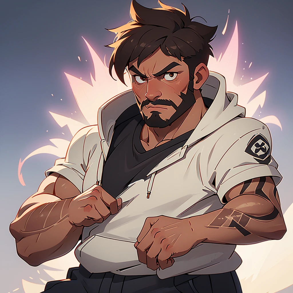(Realistic high-quality portrait:1.2), strong muscular body, detailed brown skin, realistic tattoos of a boar, wearing a white hoodie, intense gaze, sharp jawline, well-groomed beard, fit and toned physique, fierce expression, visible veins, athletic build, dark brown eyes, intricate tattoo designs, confident posture.