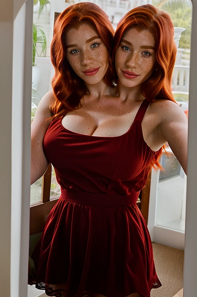 23 Year Old Hyper Realistic Redhead Girl Of Irish Origin With Freckles In Selfie Mode For Instagram Dressed Influencer Snapchat Full Photo red dress, two heads, conjoined, high details, freckles, 2heads,  decoletté,  cute face, sexy body