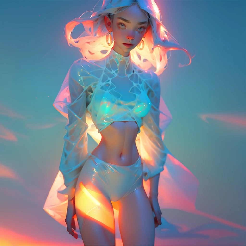 surreal rendering of a milfy-girl in a sheer-croptop-bikini, with shining-body from water-sunlight smooth colors blending together in a dreamlike haze. croptop with sheer clothing translucent fabric, surrounded by soft silky paint, silky lighting in windbreakerstyle