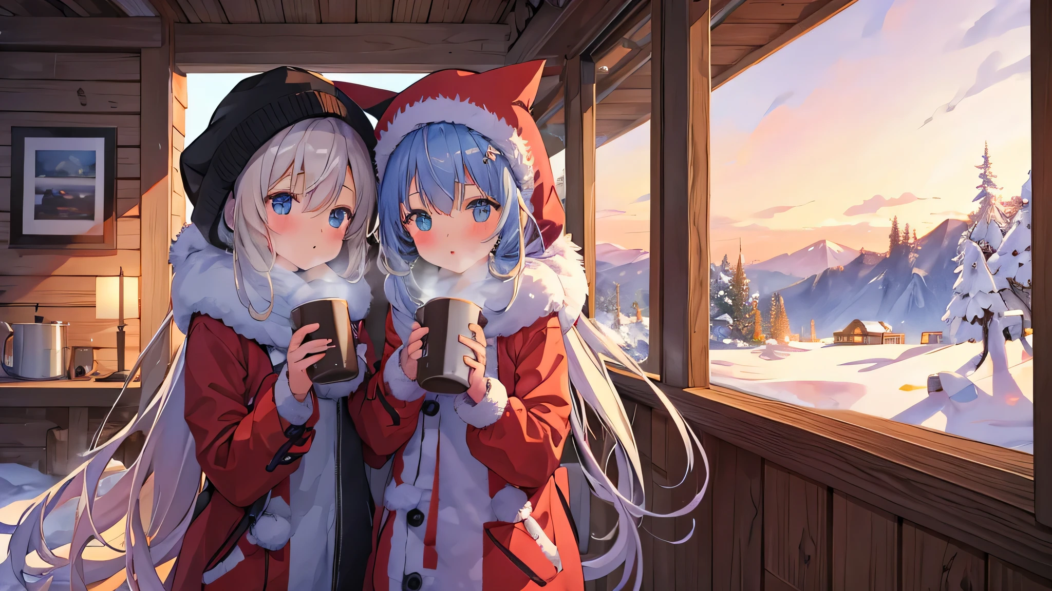 "girl and boy" bundled up in winter coats, holding mugs of hot cocoa while gazing at a snowy landscape from a cabin window.