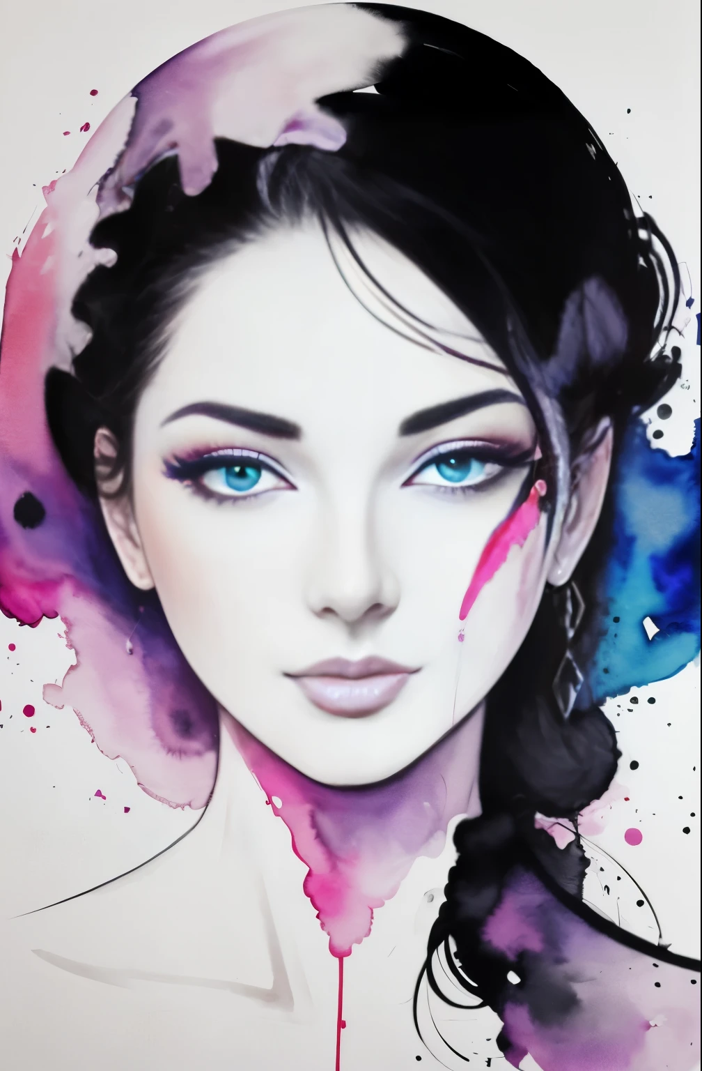 black and white drawing of a woman with a face, Sylvia Pelissero watercolors, tumbler, abstract art, Intense watercolor painting, watercolor detailed art, watercolor splash, surreal, Avant-garde pop art, Beautiful and expressive painting, Beautiful artwork illustration, very colorful tones, Fantastic, cool beauty, highest quality,official art, women only, sharp outline, best shot, vector art