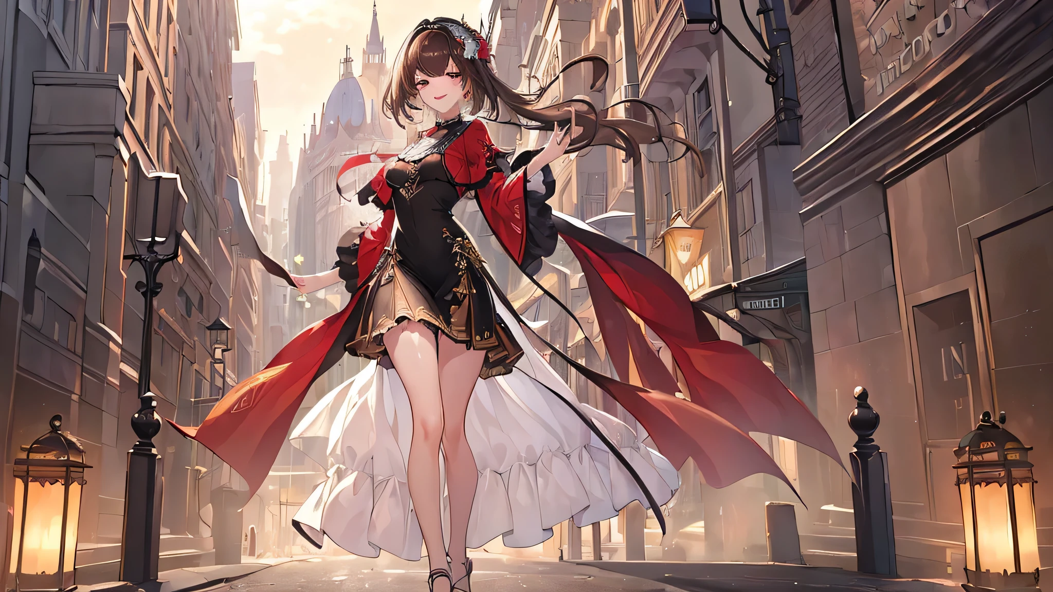 ((Best quality, 8k, Masterpiece :1.3)), 1girl, smiling, full body, slim face, Pretty woman, (Dark brown hair), full length dress :1.1, Ultra-detailed face, Detailed eyes, Double eyelid, blur background, slim face, city, outside, street,