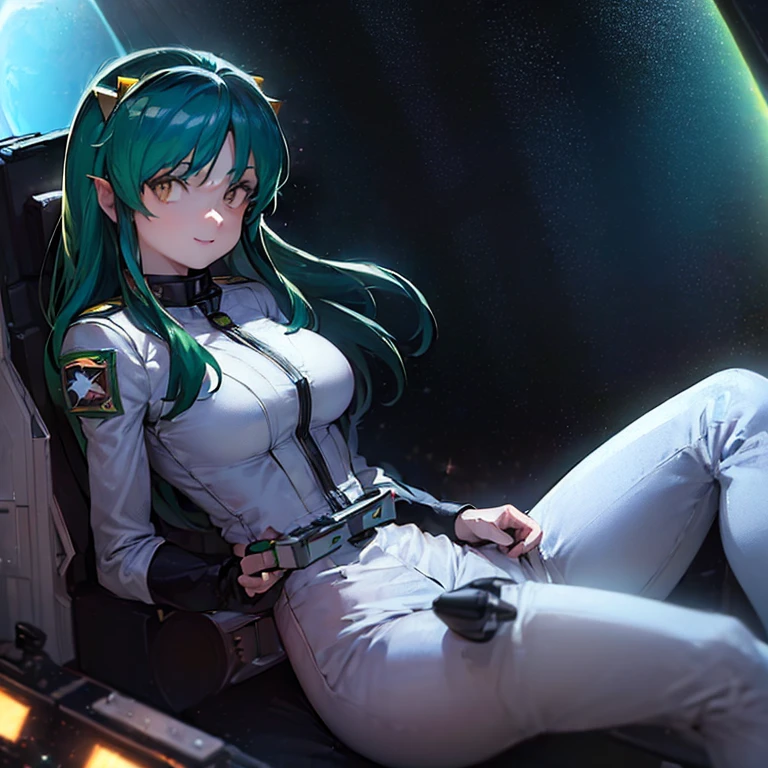 16k,(masterpiece:2),(best quality:2),(realistic),((ultra detailed)),(cinema lighting),(upper body), 2-tone green color long hair, a matured female,(large breasts),(a pilot of a space fighter:2),(((((sitting and taking the joy stick)))),((in white spacesuit)),,(smile),lum,lumlum,horns,,(((in the cockpit of a space fighter))),((((looking forward))),BREAK,(many star lights and the outer space out of the cockpit),