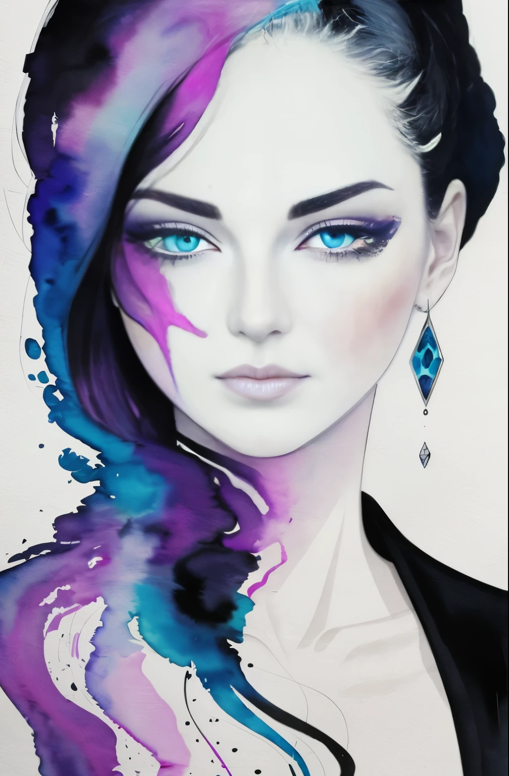black and white drawing of a woman with a face, Sylvia Pelissero watercolors, tumbler, abstract art, Intense watercolor painting, watercolor detailed art, watercolor splash, surreal, Avant-garde pop art, Beautiful and expressive painting, Beautiful artwork illustration, very colorful tones, Fantastic, cool beauty, highest quality,official art, women only, sharp outline, best shot, vector art