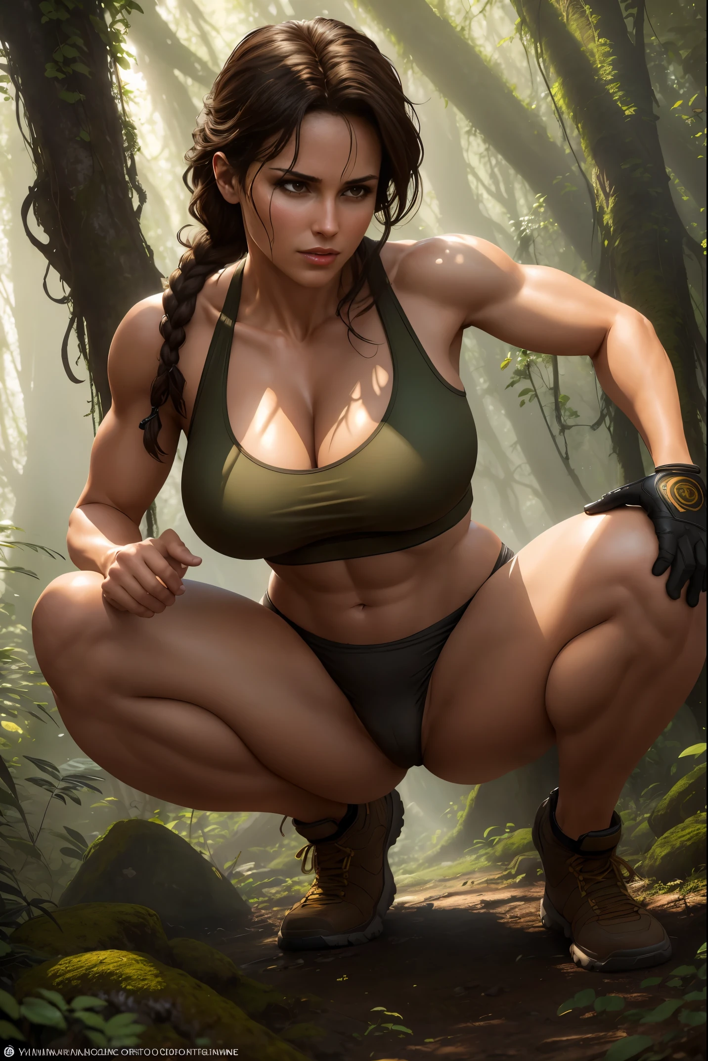 (best quality,4k,8k,highres,masterpiece:1.2),ultra-detailed,(realistic,photorealistic,photo-realistic:1.37),sexy lara croft,cleavage,adventurous,confident expression,curly dark hair,fit physique,tactical clothing,sky blue tank top and shorts,combat boots,gritty environment,dusty ruins,ancient artifacts,moss-covered stone pillars,sunlight filtering through the trees,wisps of mist in the air,action-packed pose,legs apart,ready to take on any challenge,background: dense jungle,liana vines hanging from the trees,,steamy atmosphere,vivid colors,deep greens,rich browns,hint of orange and gold,warm sunlight hitting Lara's face from the side,casting dramatic shadows,highlighting her strong features,medium: digital illustration,with intricate details and textures,bringing Lara to life as a realistic and captivating character,emphasizing her strength and allure,lighting: dynamic,with a sense of movement and depth,accentuating the intensity of the scene, HDR,studio lighting, hair in single braid, cleavage