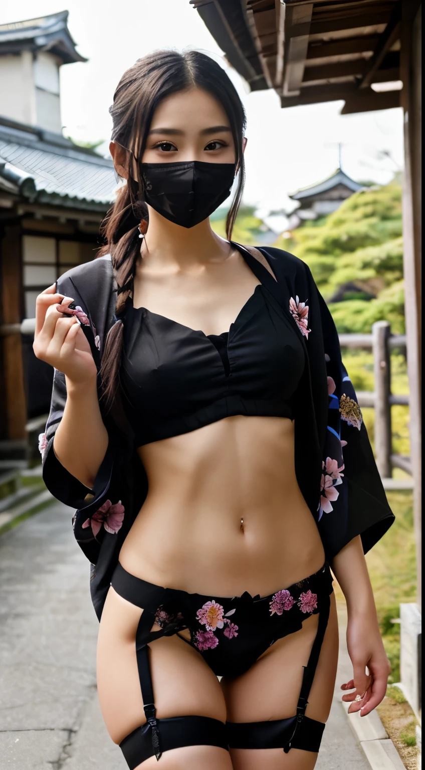 最high quality、high quality、best image quality、8K、最High resolution、High resolution、最high quality、masterpiece、RAW photo、realistic atmosphere、(detailed face)、(fine hands、thumb1reference4)、(beauty of japan )、very nice face、cute face、((beautiful japanese girl))、(japanese woman), ((18 year old beautiful girl))、(glossy black hair)、(straight long hair)、(ponytail)、whole body、slim style、(shiny skin)、(Fair skin, Glossy skin)、real human skin、realistic human body structure、perfect body, perfect face, perfect hands, perfect fingers, perfect lips, perfect eyes,perfect teeth、perfect background, perfect atmosphere, natural soft light、photon mapping、Ainu folk costume、japanese traditional、(kunoichi kimono)、In front of an old Japanese house、((thin transparent black color(floral crop top kimono、String loincloth、garter belt、mouth mask))、Dynamic pose with combat in mind