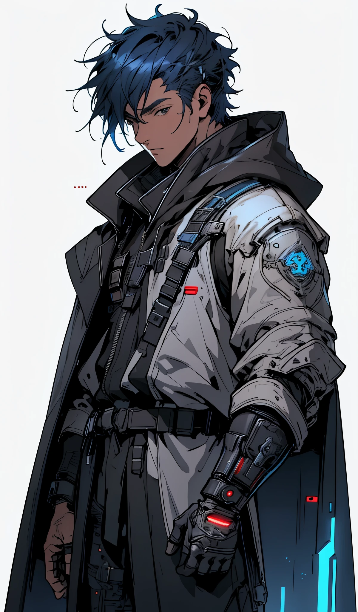 Ultra-detailed，high resolution，Ultra-detailed，Best quality，amazing，quality，Extremely detailed CG unified 8k wallpaper，Transparent Background，Single role，Draw a male character，He wears white mechanical armor，Wearing a black cloak，He has blue hair，cyberpunk characters， boy