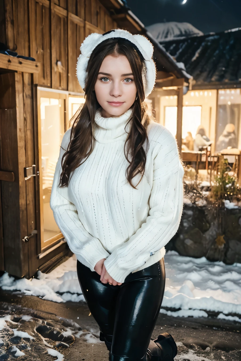 (((Switz, Iceland night time long exposure))), 1 gorgeous woman, 23 ans, subtle smile, flirts with the camera, shes a model,  pose, (European girl:1.2), (random hair:1.3), (Realistic hair:1.2), (realistic eyes:1.2), (Beauty face:1.3), rey bonnet on head))), (((large wool turtleneck loose white pullover))),(((black wool leggings))),(((heavy hiking fit boots))), perfect body, perfect hands, perfect breast, Kodak gold 200, medium shot, Best quality, ultra highres, (photoreallistic:1.4), 8k, (((extrreme low light conditions)))