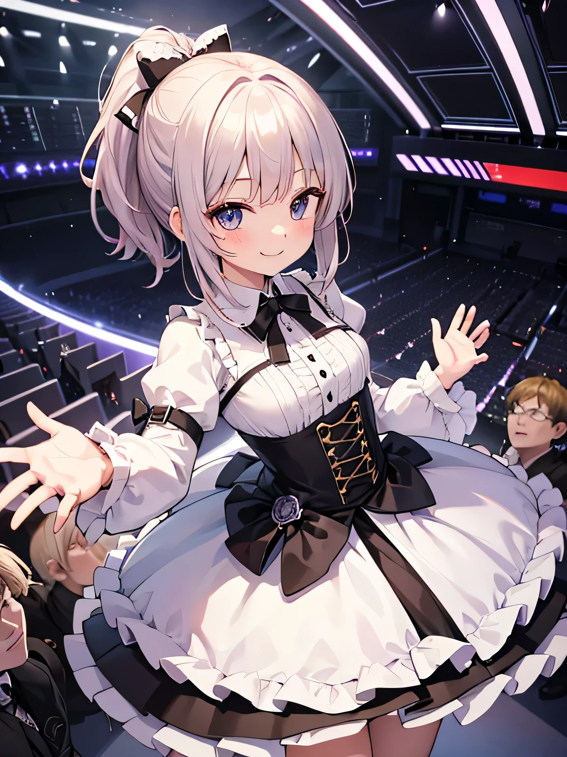 1,A woman faces forward and spreads her hands in front of her chest, waiting for a handshake..
2,The woman is an idol and wears glamorous clothes., with ruffles, Mini skirt dresses.
3, The woman has the best smile.
4, A long white desk is placed in front of the woman..
5, The location is a small handshake event venue., surrounded by white partitions, With so many fans lining up.