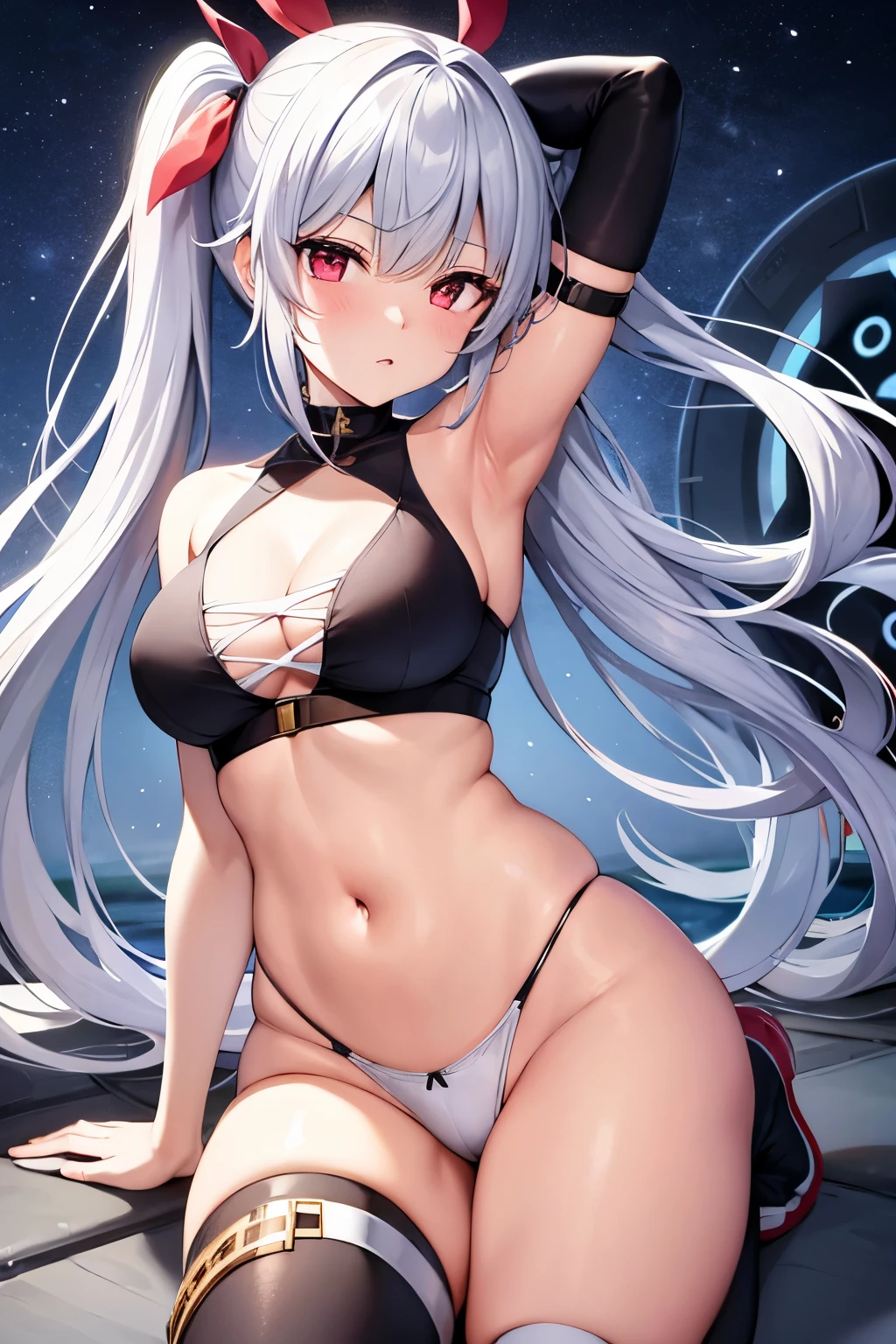 a girl,mechanical ear,Navel-baring equipment,White knee socks,Lori,Side ponytail,three expressionless faces,Natural stay,Long socks,boot,Exposed armpits,Silver,Red eyes