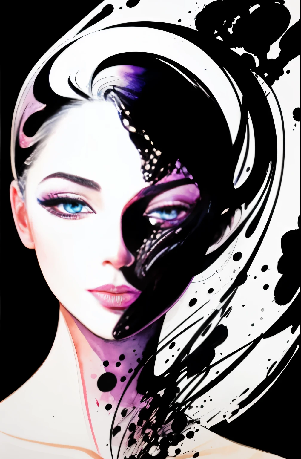 black and white drawing of a woman with a face, Sylvia Pelissero watercolors, tumbler, abstract art, Intense watercolor painting, watercolor detailed art, watercolor splash, surreal, Avant-garde pop art, Beautiful and expressive painting, Beautiful artwork illustration, very colorful tones, Fantastic, cool beauty, highest quality,official art, women only, sharp outline, best shot, vector art