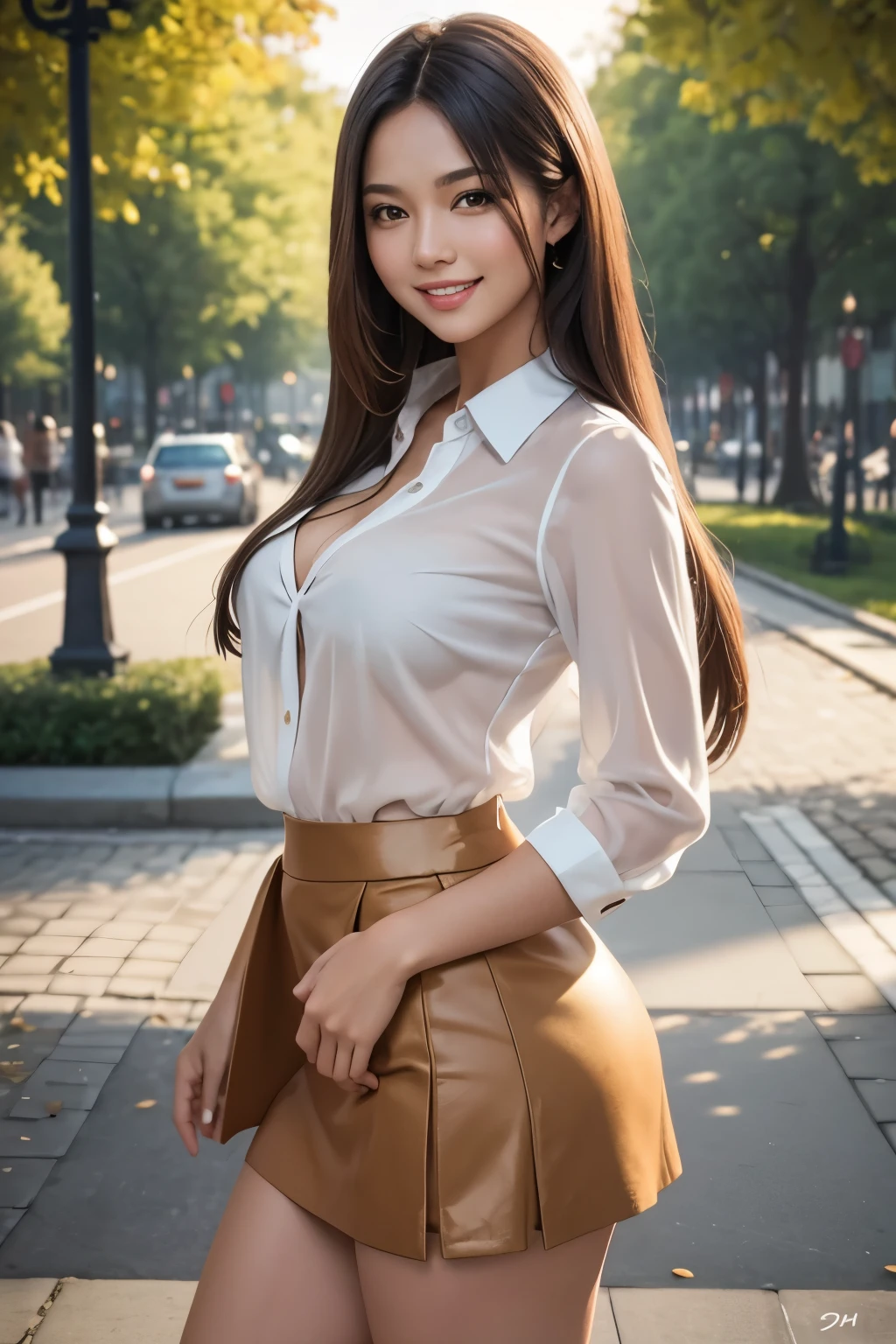 one woman,tan mini skirt,white blouse,see-through,posing,sexy pose,large breasts,cute face,beautiful face,smiling,long hair,straight hair,from front,looking at viewer,public park,masterpiece, extremely fine and beautiful,photorealistic,russian