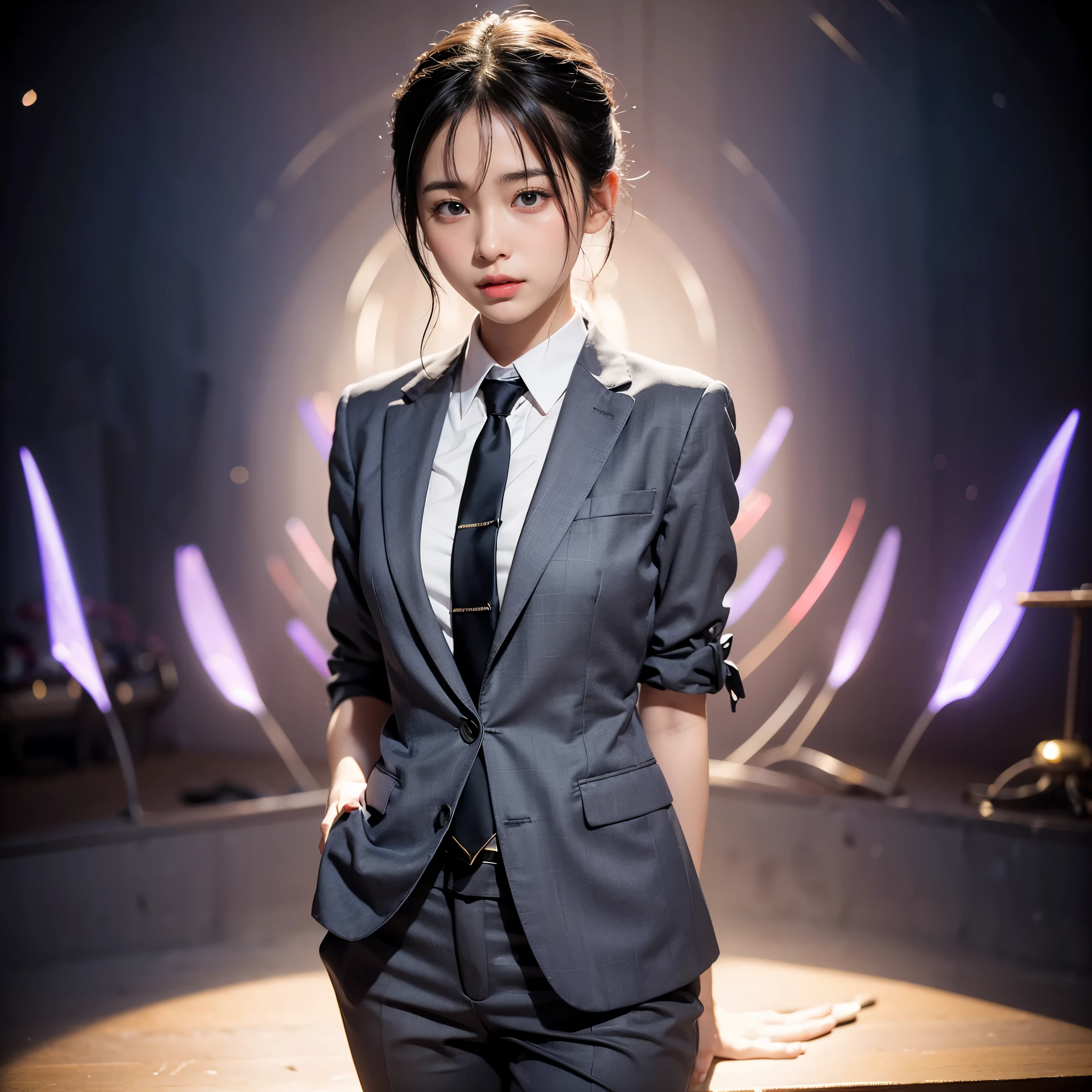 proud woman、surrounded by men、plump、Shimenawa around neck、Hands and feet are tied to the beam with ropes、rampage、angry look、detailed face、detailed hands、detailed legs、(pieces fly, highest quality:1.2), 8K, official art, chest、cute、wearing a suit、chestが見える、 planet, Trending on cgstation, 太陽系外planet, official art, mar planet, Sakimi-chan, Five Fingers Photos'body of, Full body Esbian、suit beauty、cool look、 (masterpiece) (highest quality) (be familiar with) (8K) (movie lighting) (sharp focus) (complicated)black hair、14 years old、小さいchest、laughter、incredibly stupid, (beautiful girl, cute face, turn back, gold ornaments in hair、wearing a suit、chestのクローズアップ, wearing a suit, short sleeve, gardenia, Violacea, space , looking at the viewer, film grain, chromatic aberration, オッパイsharp focus, face light, dynamic lighting, cinematic lighting, be familiar withな目と顔, (gray tie、1 part:1.2)