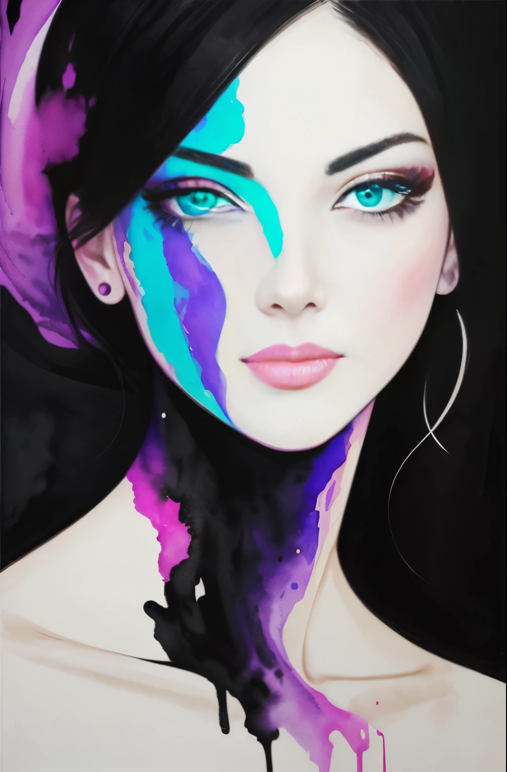 black and white drawing of a woman with a face, Sylvia Pelissero watercolors, tumbler, abstract art, Intense watercolor painting, watercolor detailed art, watercolor splash, surreal, Avant-garde pop art, Beautiful and expressive painting, Beautiful artwork illustration, very colorful tones, Fantastic, cool beauty, highest quality,official art, women only, sharp outline, best shot, vector art