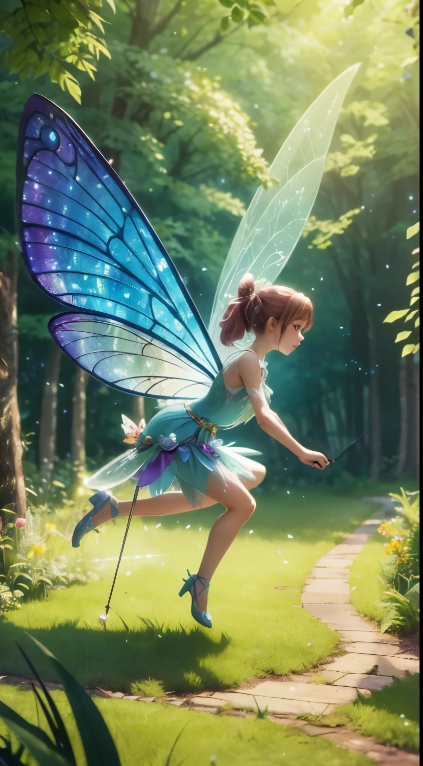 full body fairy fly forest fairy, fairy fairy, colorful wings, Fairy Dust, flying fairy with a cane, magic light star piece:1.6, highest quality), (Highly detailed CG Unity 8K wallpaper, masterpiece, Super detailed, best shadows), (detailed background), fairy aesthetics, very beautiful fantasy art