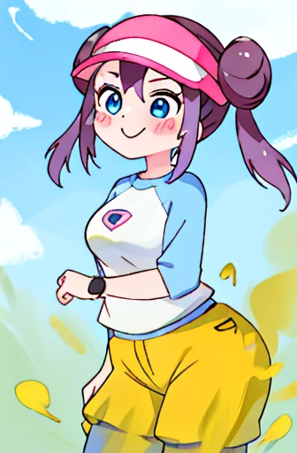 masterpiece、highest quality、high resolution、ro1、bun hair、blue eyes、twin tails、visor cap、pantyhose、raglan sleeve、Yellow shorts、shirt、pink ribbon、watch、Are standing、cowboy shot、field、smile、women stink、Attack with farts、embarrassing、big breasts