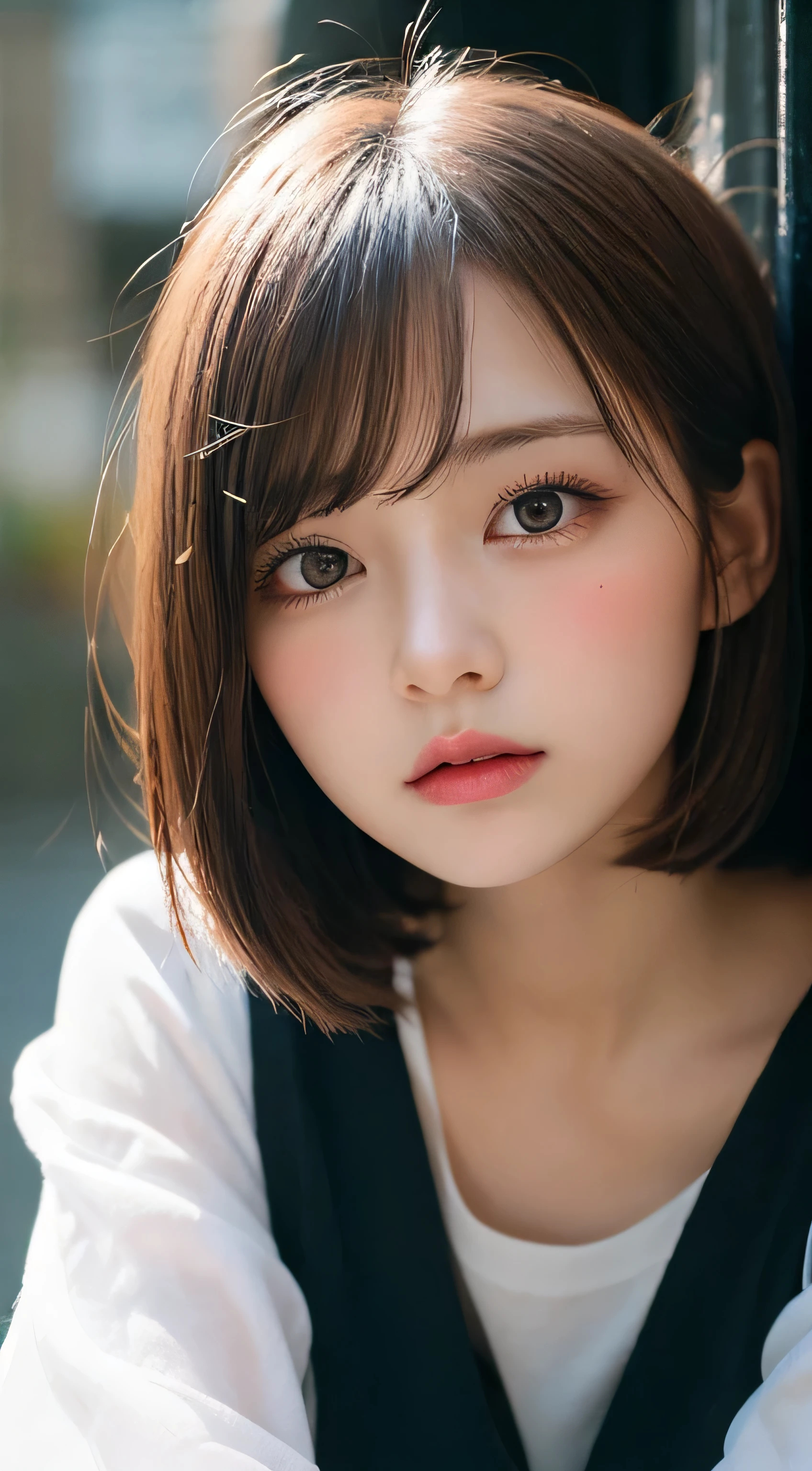 pieces fly, highest quality, figure, Super detailed, small details, High resolution, 8K,wallpaper, 完璧なダイナミックな構figure, beautiful and fine eyes, black camisole,short bob hair、pink hair color,Big Natural Color Lip, bold sexy pose,crying a little、cold gaze,harajuku style、20 year old girl、cute type、Looking up at the camera、in a dark room