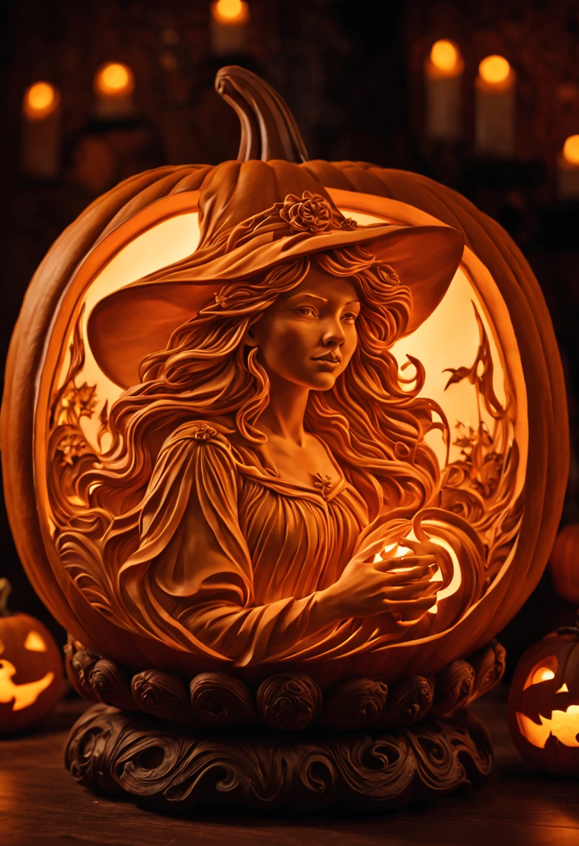 Lovely witch sculpture done in pumpkin carving in Art Nouveau style. Pumpkin carving pattern exquisite and intricate. Detailed decorative carving. Soft lighting. Mesmerizing and surreal. Hyper-realistic details.(masterpiece)、(best quality)、Complex and highly detailed