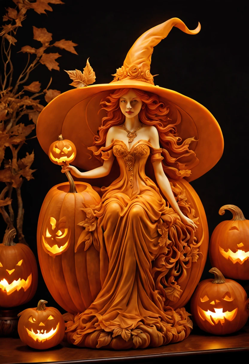  Lovely witch sculpture done in pumpkin carving in Art Nouveau style. Pumpkin carving pattern  exquisite and intricate. Detailed decorative carving. Soft lighting. Mesmerizing and surreal. Hyper-realistic details.（masterpiece）、（best quality）、Complex and highly detailed
