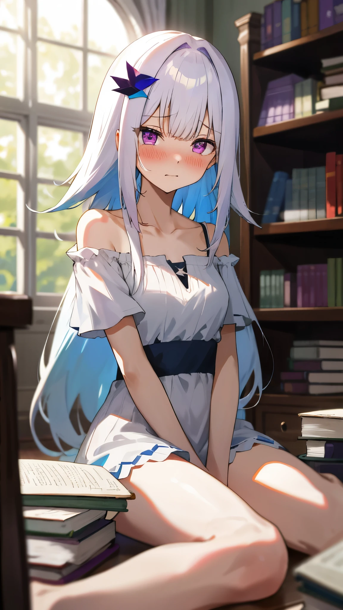 One girl with long hair, bangs, white hair, blue inner hair:1.25) , purple eyes, looking at viewer, blushing, embarrassed, tears, indoor, bookshelf, window, in floor, books spreads, spread legs, kneeling pose, sitting, white dress, bare shoulders, collarbone, short sleeves, bare legs, mid-chest, day atmosphere, hair ornament, medium breasts, focus, blurry background, 