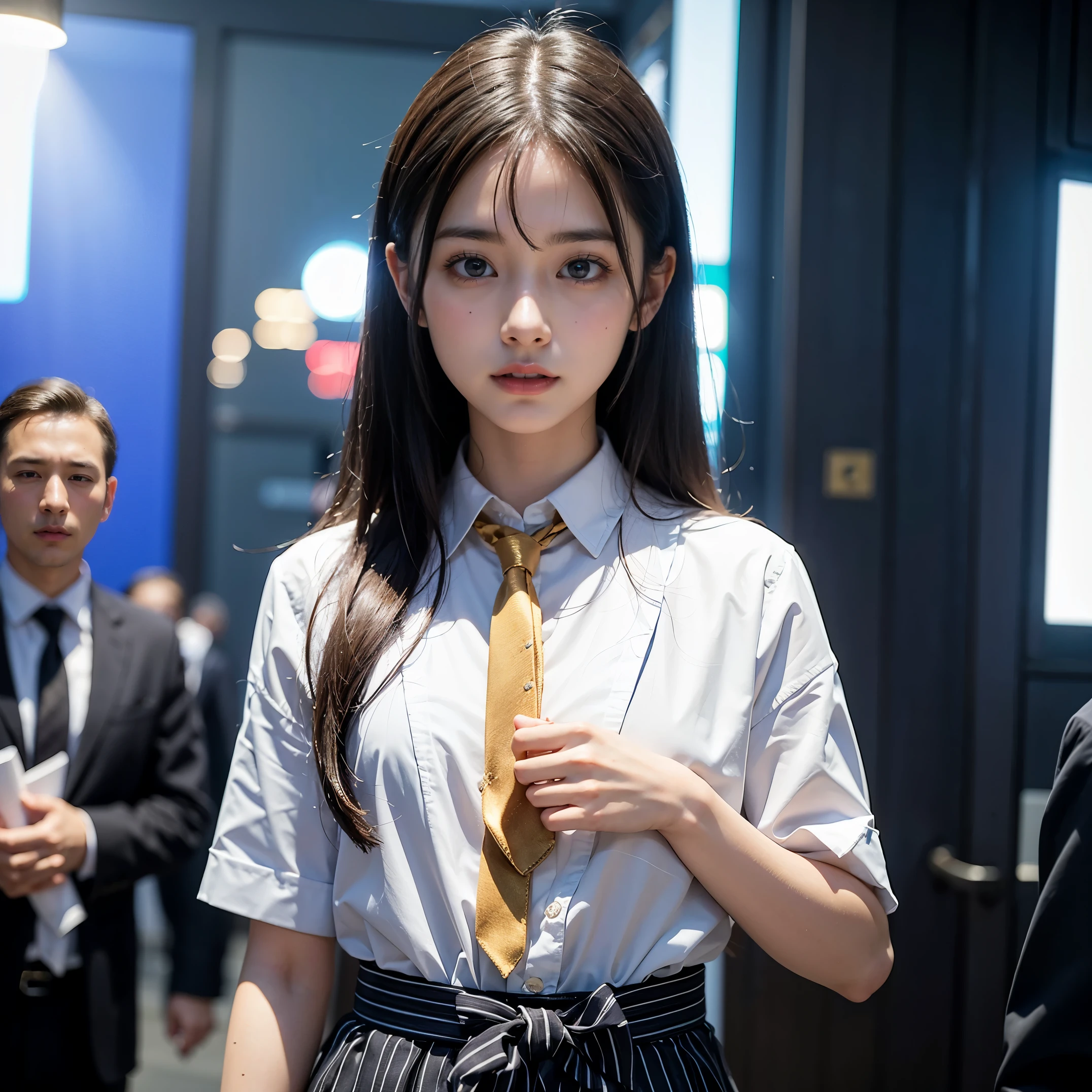 proud woman、surrounded by men、plump、Shimenawa around neck、Hands and feet are tied to the beam with ropes、rampage、angry look、detailed face、detailed hands、detailed legs、(pieces fly, highest quality:1.2), 8K, official art, chest、cute、wearing a suit、chestが見える、 planet, Trending on cgstation, 太陽系外planet, official art, mar planet, Sakimi-chan, Five Fingers Photos'body of, Full body Esbian、suit beauty、cool look、 (masterpiece) (highest quality) (be familiar with) (8K) (movie lighting) (sharp focus) (complicated)black hair、、小さいchest、laughter、incredibly stupid, (beautiful girl, cute face, turn back, gold ornaments in hair、wearing a suit、chestのクローズアップ, wearing a suit, short sleeve, gardenia, Violacea, space , looking at the viewer, film grain, chromatic aberration, オッパイsharp focus, face light, dynamic lighting, cinematic lighting, be familiar withな目と顔, (gray tie、1 part:1.2)