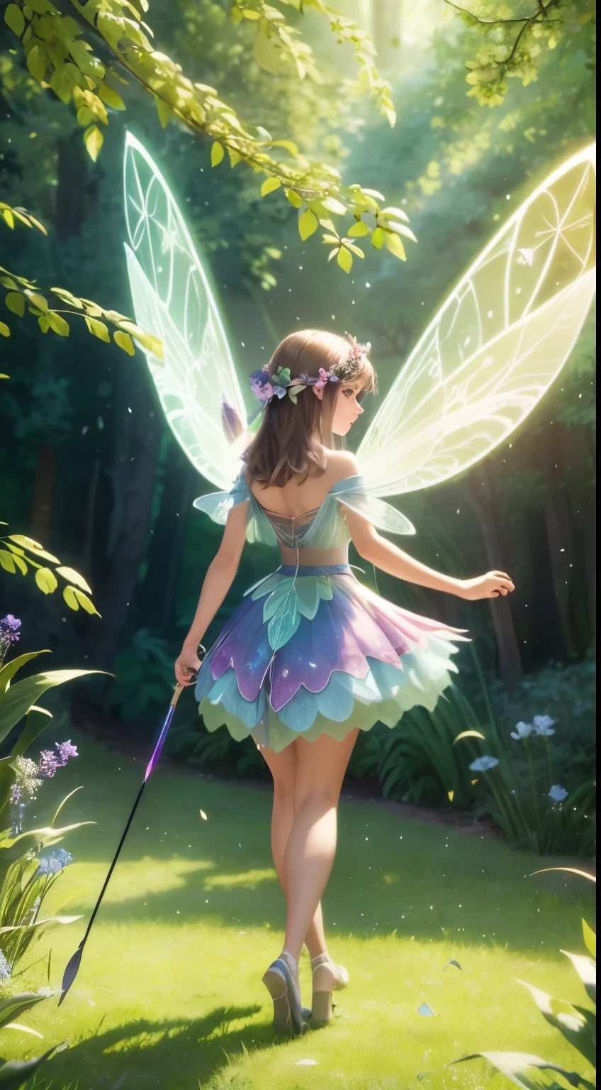 full body fairy fly forest fairy, fairy fairy, colorful wings, Fairy Dust, flying fairy with a cane, magic light star piece:1.6, highest quality), (Highly detailed CG Unity 8K wallpaper, masterpiece, Super detailed, best shadows), (detailed background), fairy aesthetics, very beautiful fantasy art