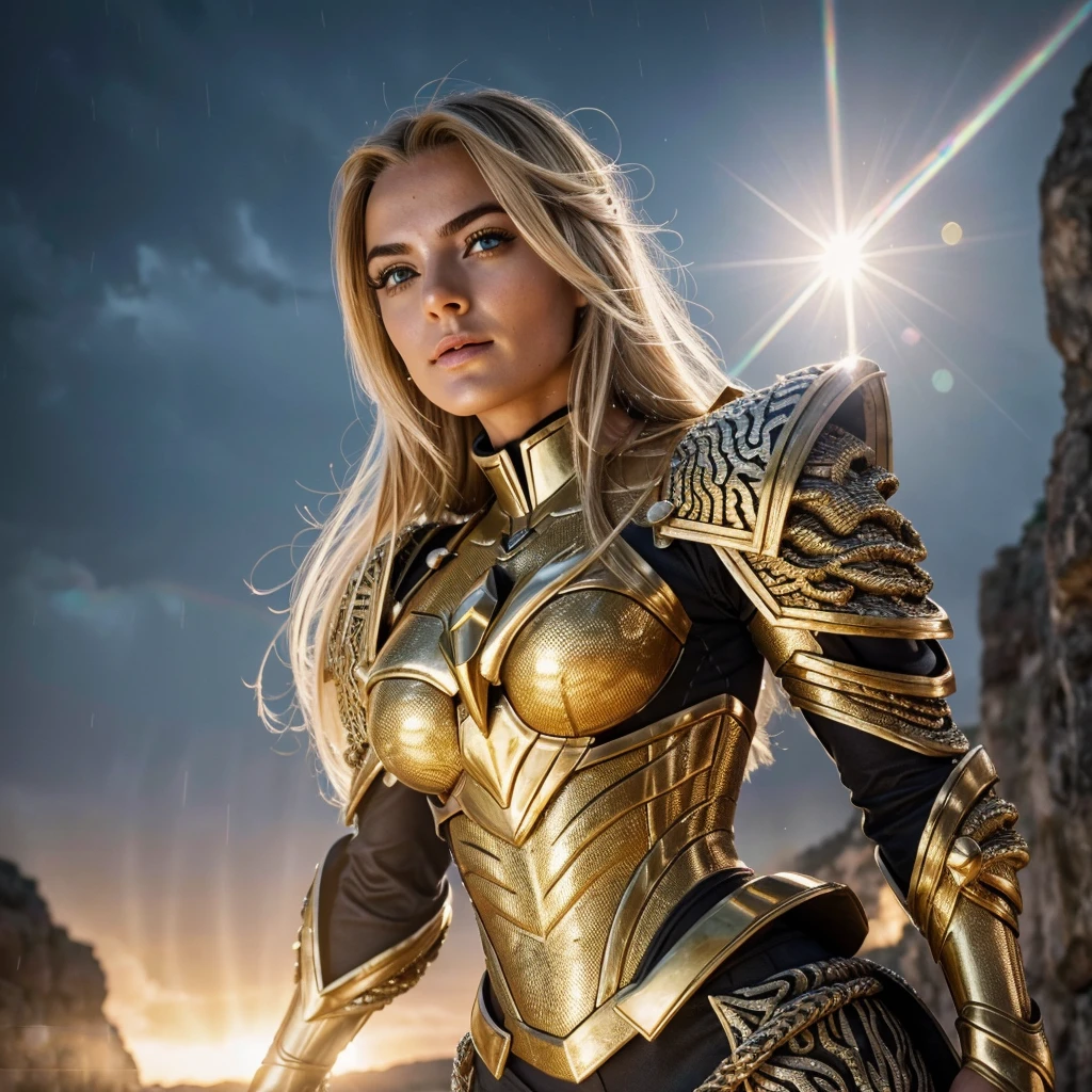 Knight of the Zodiac Aiolia de Leo, caveleira de ouro com capa branca, ataque na velocidade da luz, Saint Seya, (STYLE OCTANE RENDER!!!), (textura OURO REALISTA), CABELO REALISTA!!! (OURO BRILHANTE), (textura realista:2.0), (HDR:1.2), (4K), BLOND HAIR LONG, tiro de corpo inteiro!!!, camera low, TRAJE super detalhada ( DOURADA ARMADURA), adornada com pedras brilhantes, (GODDESS ARMOIRY ARMOR!) traje com pedras preciosas, ombreiras largas, nordic woman!, rosto angelical, symmetrical face, seduzir, coxas musculosas definidas, SALA DO TRONO MAJESTADE, corpo inteiro, mostre as pernas de calcinha dourada brilhante relusente, olhos azuis sensuais, coxas BRANCA, pernas, boca vermelha, olhos pequenos, nariz fino, (Nordic ethnicity), (MUSCULAR GIRL!), (STRONG GIRL!), pele branca, 25 year old girl skin clean, pele branca, skin clean, (OLHOS PERFEITOS!), hot girl, pele muito branca, albina, luzes piscando, SPLASH, ((RAINDROPS!!!!)) (LENS FLARE!), (RAINBOW!), (RAIN:1), (STORM!), (SUPER STORM!!!), (GRAIN), (textura molhada!), (powerfull girl!!!), ((blonde eyebrows!!!))