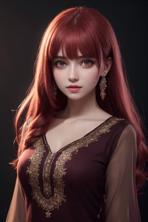 1girl, star eye, blush, perfect illumination, red hair, red eyes, unreal engine, sidelighting, detailed face, bangs, bright skin,  background, dark background, dress kurti,