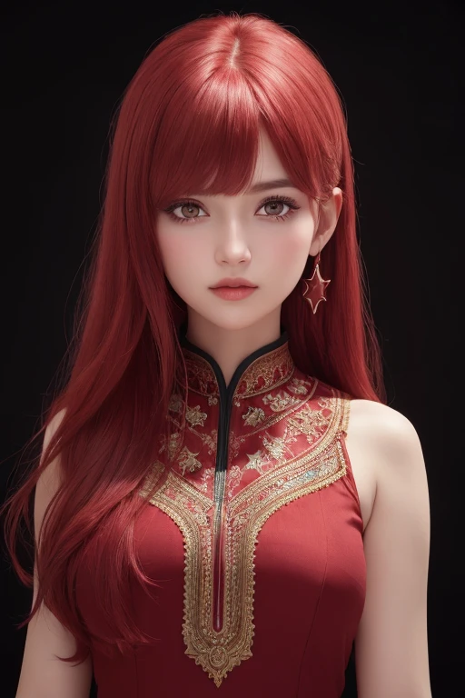 1girl, star eye, blush, perfect illumination, red hair, red eyes, unreal engine, sidelighting, detailed face, bangs, bright skin, background, dark background, dress kurti,