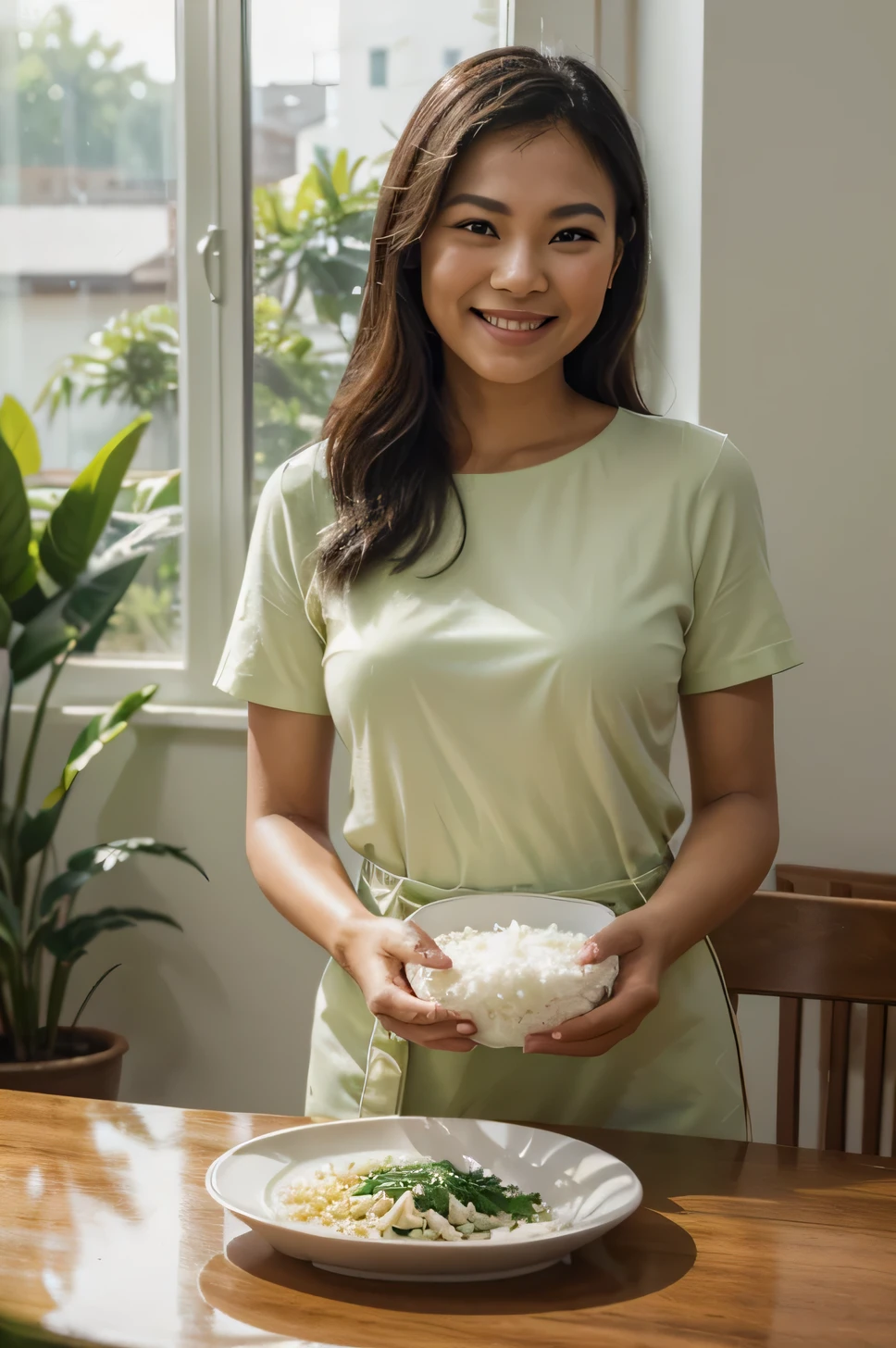A realistic image of a smiling Thai woman in her 50s., Holding a plate of freshly cooked jasmine rice. The woman stands in front of the window in the modern dining room.. The light coming in from the window looks beautiful and highlights the green-tinged rice.. Use natural light, Especially from the window, to create softness, Even the light. Adjust exposure and contrast to create a balanced image..Use high quality cameras and lenses to take photos.
