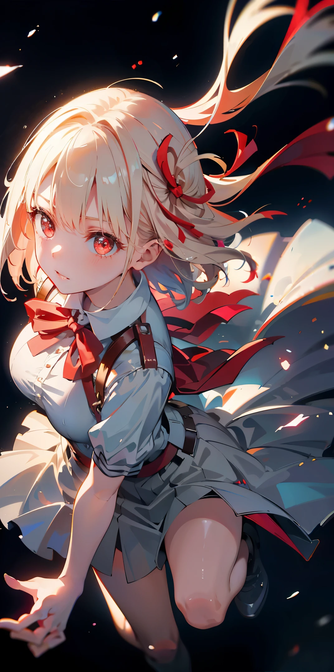 Absurd resolution, high resolution, (masterpiece: 1.4), super detailed, girl alone, from above, space, floating, platinum blonde, medium hair, red eyes