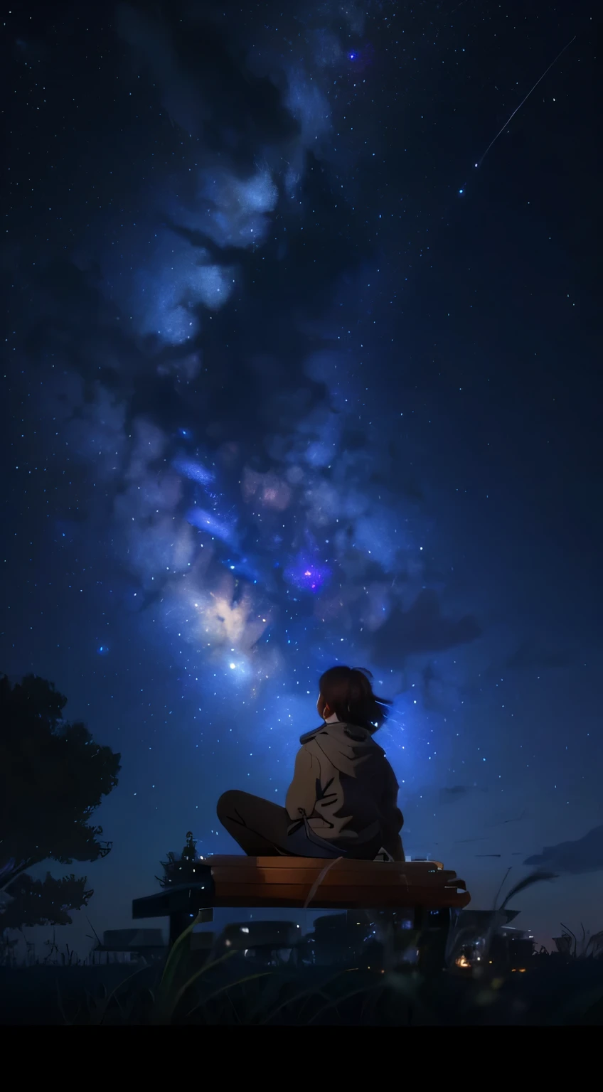 starry night sky，A man sits on a bench, girl looks at the space, universe sky. author：Xin Haicheng, night karma. digital illustration, sitting on the cosmic cloudscape, Xin Haicheng 西里洛·罗兰多, Star(Heaven) Stardo_Heaven, Olhando para as Stars, Look up at the universe, Olhando para as Stars