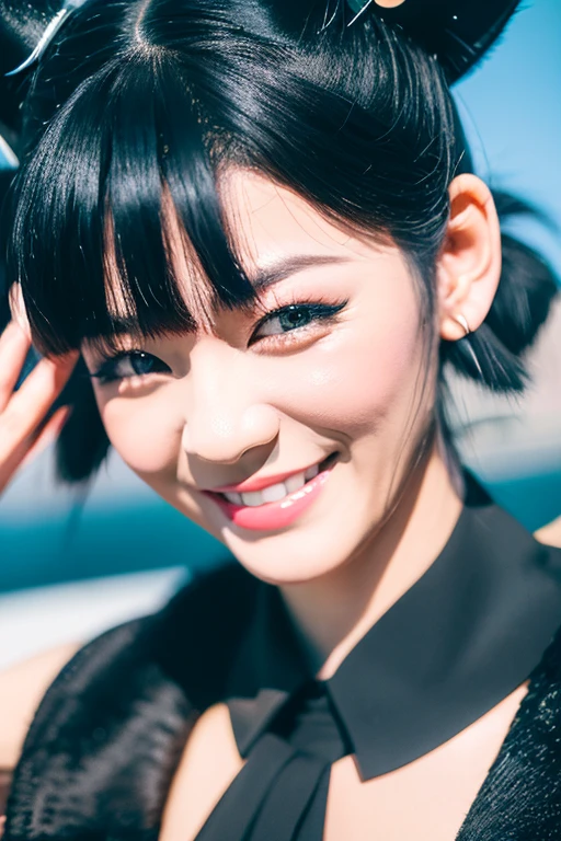 black hair, hair bobbles, wince, longeyelashes, solid circle eyes, fake animal ears, light smile, ear blush, fang, Surrealism, drop shadow, anaglyph, stereogram, tachi-e, pov, atmospheric perspective, 8k, super detail, ccurate, best quality