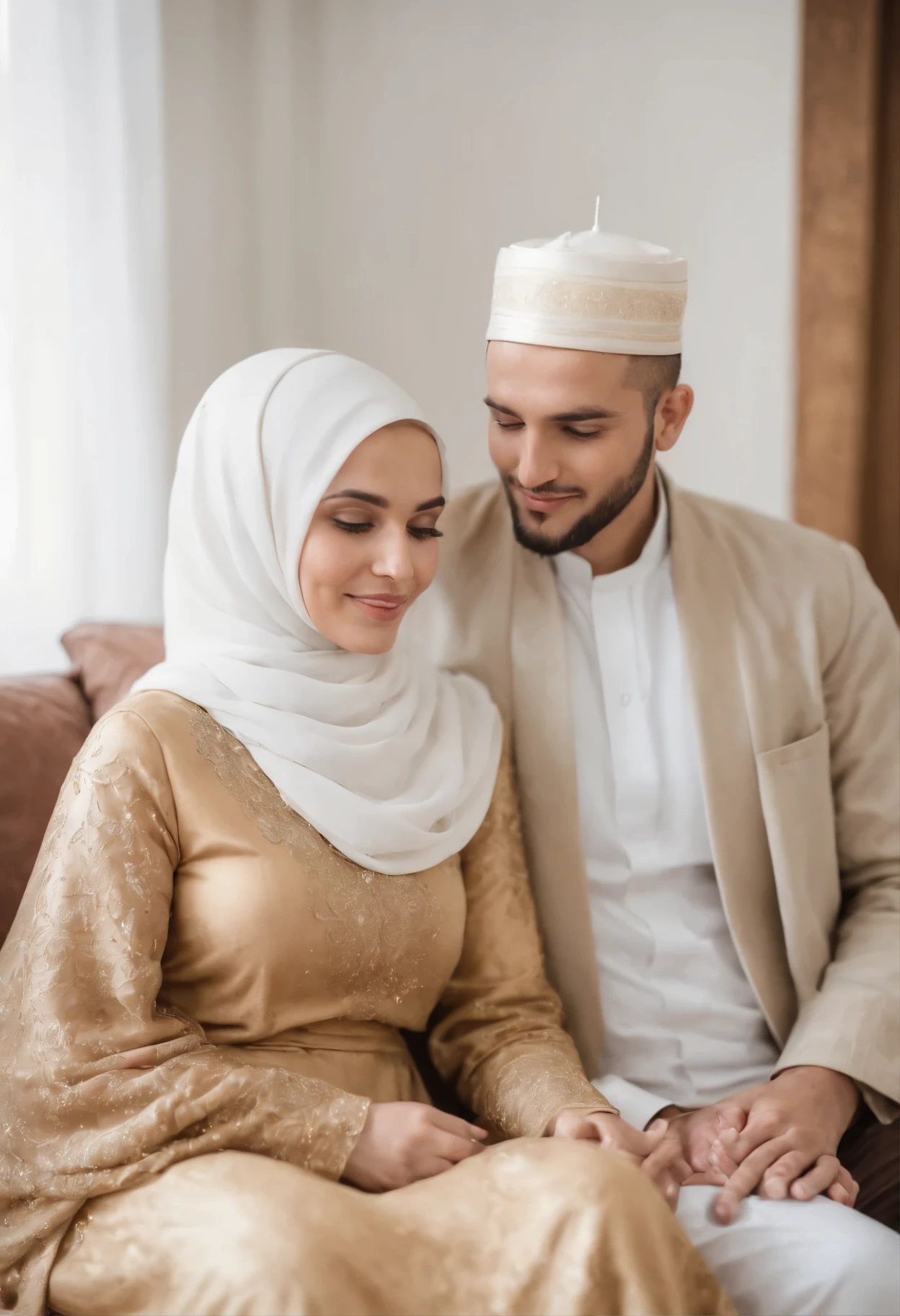 (a beautiful Islamic family portrait), (brightly lit, finely detailed),(father: detailed white peci, mother: gold-colored hijab with detailed gamis), (sitting together in a cozy living room), (cinematic background),(35mm film aesthetic, with warm and inviting tones), (floral wall decorations)