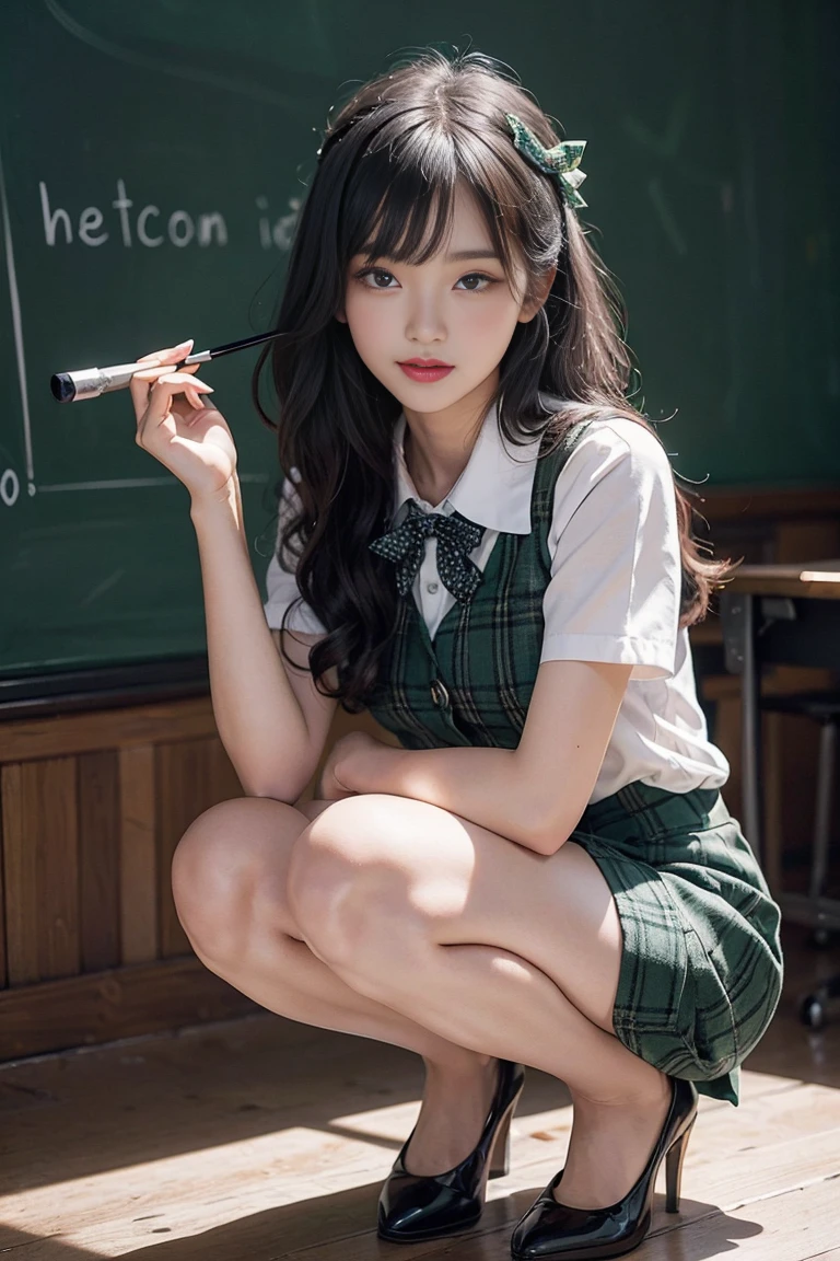 a teenage girl wearing a school uniform with a very short green miniskirt, sitting forward on the chair, in a relaxed position, with her elbows resting on her knees and her legs open
