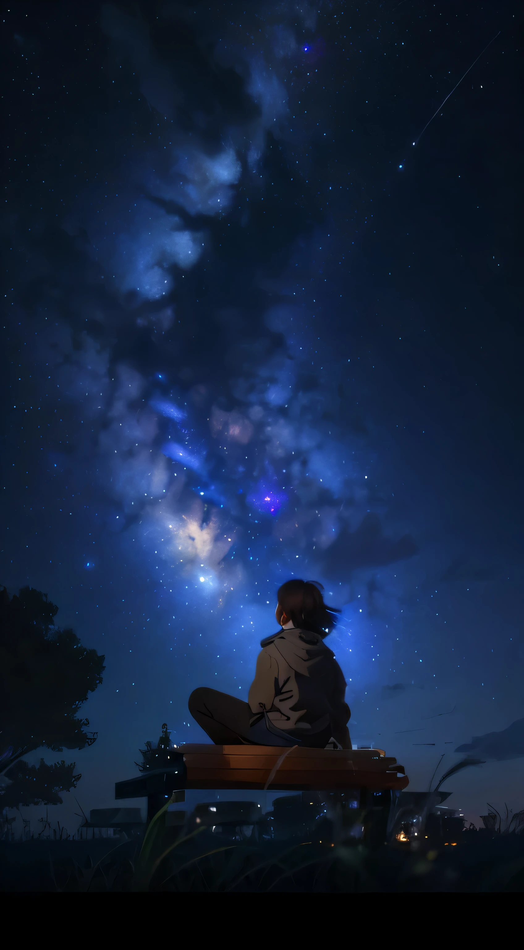 starry night sky,A man sits on a bench, girl looks at the space, universe sky. author:Xin Haicheng, night karma. digital illustration, sitting on the cosmic cloudscape, Xin Haicheng Cirillo Rolando, Star(Heaven) Stardo_Heaven, Olhando para as Stars, Look up at the universe, Olhando para as Stars