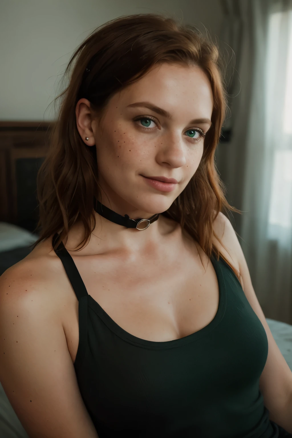 photo, rule of thirds, dramatic lighting, medium hair, detailed face, detailed nose, woman wearing tank top, freckles, redhead, 30 year old, realistic green eyes, collar or choker, smirk, in the bedroom,realism,realistic,raw,analog,woman,portrait,photorealistic,analog,realism