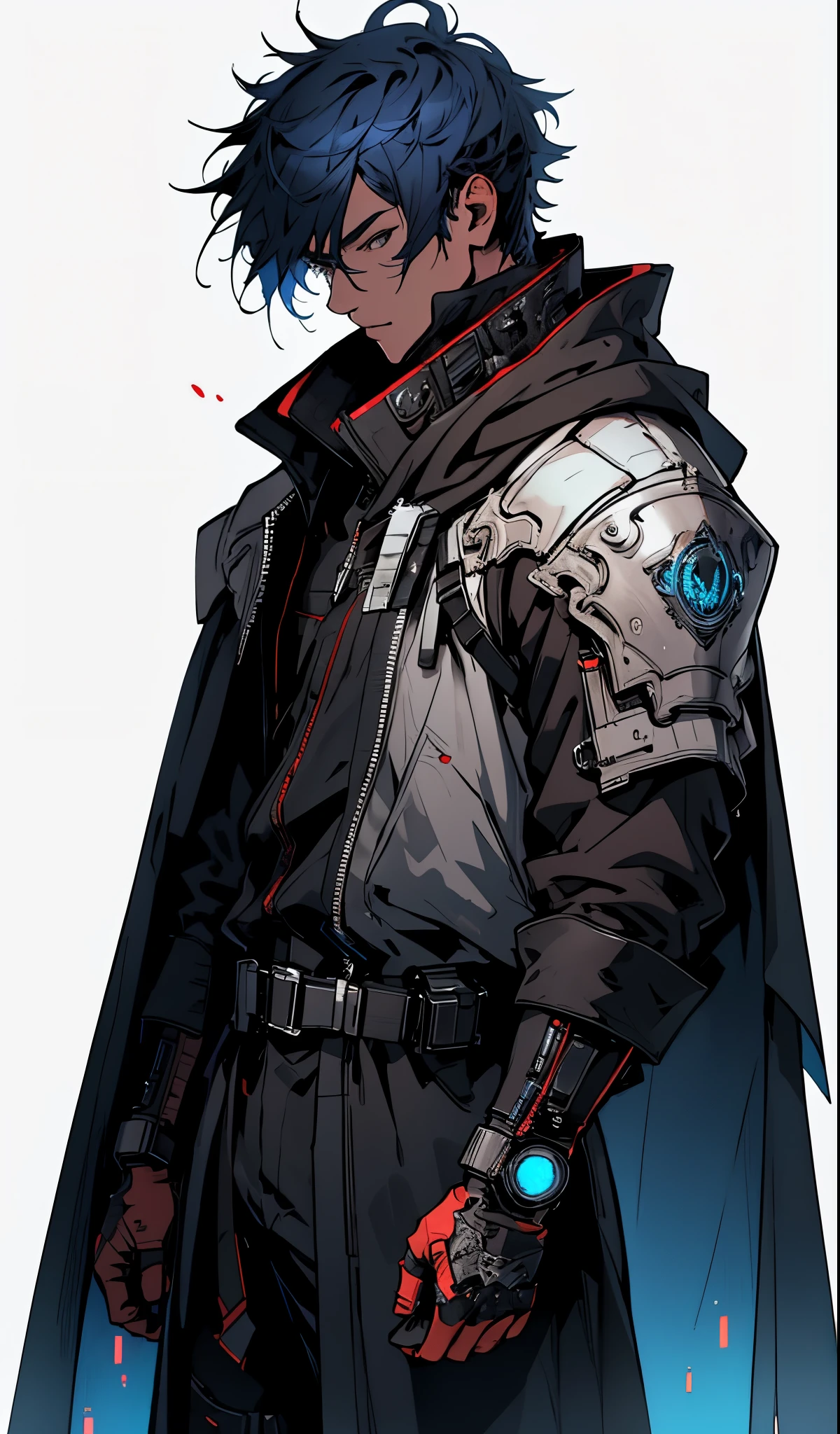 Ultra-detailed,high resolution,Ultra-detailed,Best quality,amazing,quality,Extremely detailed CG unified 8k wallpaper,Transparent Background,Single role,Draw a male character,He wears white mechanical armor,Wearing a black cloak,He has blue hair,cyberpunk characters,little boy
