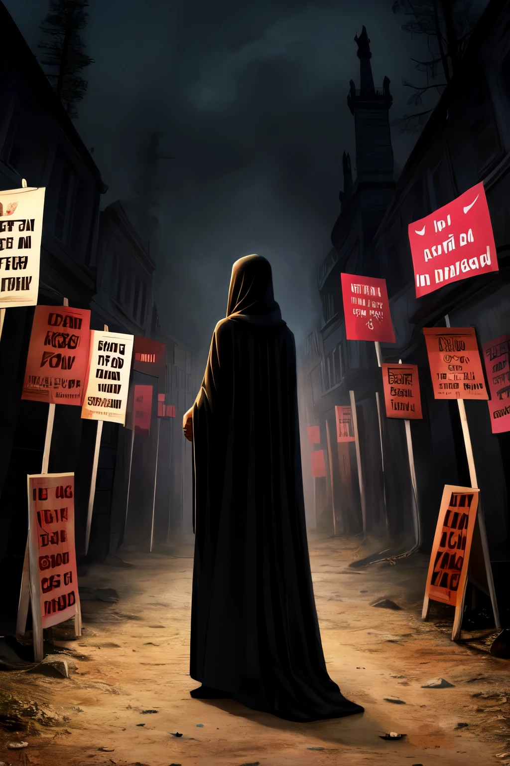 show me an human, with an full hidden face, wearing a black robe, in the backround is dark, with some signs