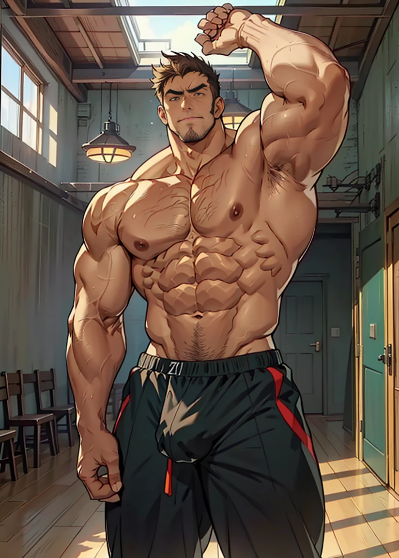 (shoeless)，show off thick arms to the audience，(Dark green tattoo on arm),(beardless)，(Top-down view)，(Side to audience) ，(Put your hands at your waist)， (eyes looking at audience) ，(body hair thick)，(There a huge protuberance across the part)，Side Body，Sense of evil，Sharp eyes，Thick dark brown hair on crotch，closeup of arms，((The camera zooms in))，((The audience blocked by the protagonist in a corner and the perspective slightly lower.))，(A perspective looking up from the protagonist)，(crotch)，(Shoulders exposed)，(Stout arms)，Shoulders very broad，Muscles protrude a lot，Bulging crotch，(Long and explosive legtremely tall height)，Highest image quality，Child，Anime ，anime wallpaper，Dilation of the pectoral muscles，Espalhe as pernas，sexy,(master part, best quality)，((Exaggerated bulge of muscles))，The protagonist very tall and his head almost reaches the ceiling.，The background in an interior with vintage furniture and vintage wooden floor surrounding，Lush woods outside the window，musclebound and hulking, muscular characters, super buff and cool, tall and muscular, muscular!!, very buff, muscular attractive men, massive muscles, big muscle, Muscular men, anime handsome men, muscular!, gigachad muscles, muscular bodies, muscular character，（Giant arm），(macropodia)
