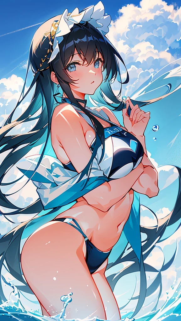 (8K, RAW photo, highest quality, Highly detailed CG Unity 8K wallpaper, masterpiece: 1.2), girl, Beautiful hair in light blue, floating in the sky, Cloud girl, cloud, (close: 1.1), bright, Happy, fun, soft lighting, (bauhaus, shape, line, abstracted: 1.1) cornflower, 細かい目を持つ小さくて美しいgirl, Beautiful hair in light blue, Upper body, The depth of field in the photo was perfect, andレンズフレアは素敵なタッチを追加しました. The fine features of his face really stood out, and、The score of this photo was definitely over 10. in the background, cloudがありました, stunning photo,本当にgirlの美しさとcloudを捉えました. , Accurate depiction of the iris, Look at the audience lovingly,Like a gentle goddess,swimsuit,I can see your stomach