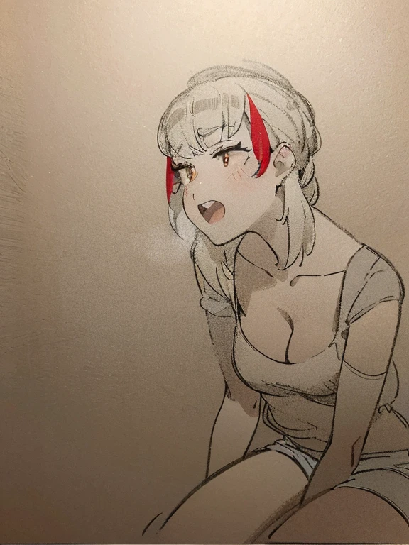 High quality anime pictures，orange eyes，an anime girl，anime style，housewife，shorts，white skin，at home，sofa
