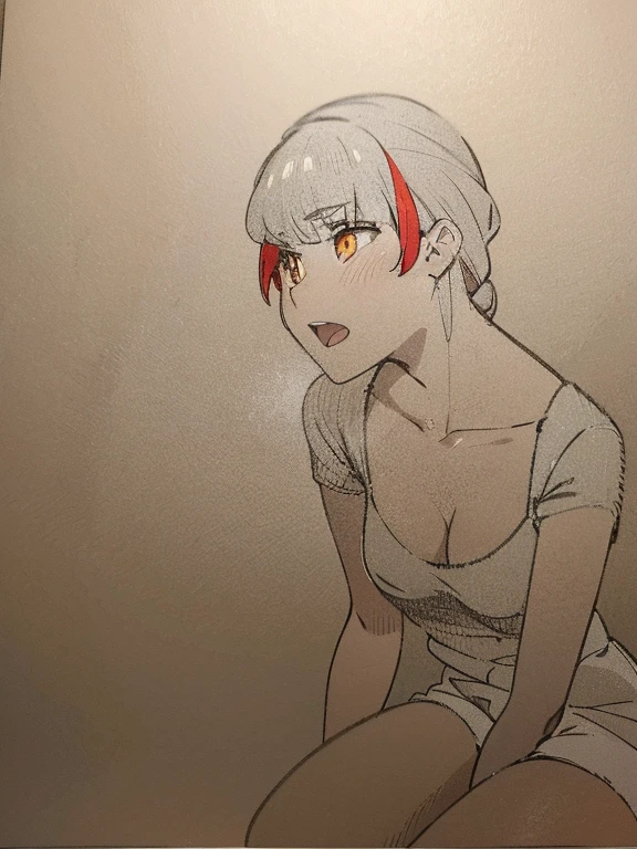 High quality anime pictures,orange eyes,an anime girl,anime style,housewife,,shorts,white skin