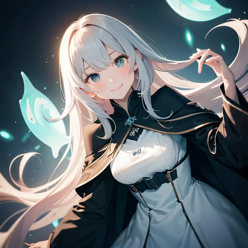 masterpiece, best quality, julia fe,  1girl, solo, long hair, looking at viewer, blush, smile, negative space, (bioluminescence:1.2), darkness, dark background, long sleeves, dress, bare shoulders, medium breasts, very long hair, wide sleeves, cape, white dress, circlet