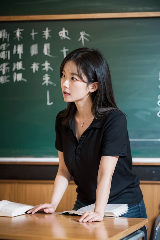 A female teacher  teaching Chinese in front of the blackboard