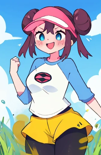 masterpiece、highest quality、high resolution、ro1、bun hair、blue eyes、twin tails、visor cap、pantyhose、raglan sleeve、Yellow shorts、shirt、pink ribbon、watch、Are standing、cowboy shot、field、smile、women stink、Attack with farts、embarrassing、big breasts
