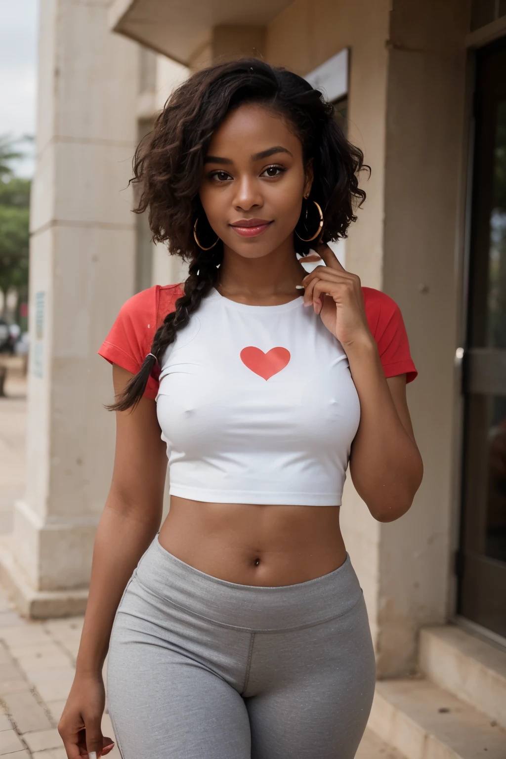 A female AI model of East African descent, possibly resembling the beauty standards of Burundi or Rwanda. She has the rich, dark skin tone often associated with African heritage. Her hair is styled in a traditional African manner, perhaps in beautifully intricate braids or an afro, showcasing the unique and diverse hair textures found in Africa. Her body, in line with East African aesthetics, is strong and graceful. Her features, while digitally constructed, capture the essence of East African beauty, with striking eyes, high cheekbones, and a warm, captivating smile show full body wearing nike sport clothing 
With a black trousers and a red long t-shirt. She has red lipstick and her hand shows a heart sign A female AI model of East African descent, possibly resembling the beauty standards of Burundi or Rwanda. She has the rich, dark skin tone often associated with African heritage. Her hair is styled in a traditional African manner, perhaps in beautifully intricate braids or an afro, showcasing the unique and diverse hair textures found in Africa. Her body, in line with East African aesthetics, is strong and graceful. Her features, while digitally constructed, capture the essence of East African beauty, with striking eyes, high cheekbones, and a warm, captivating smile clothing 
With a black trousers and a red long t-shirt. She has red lipstick