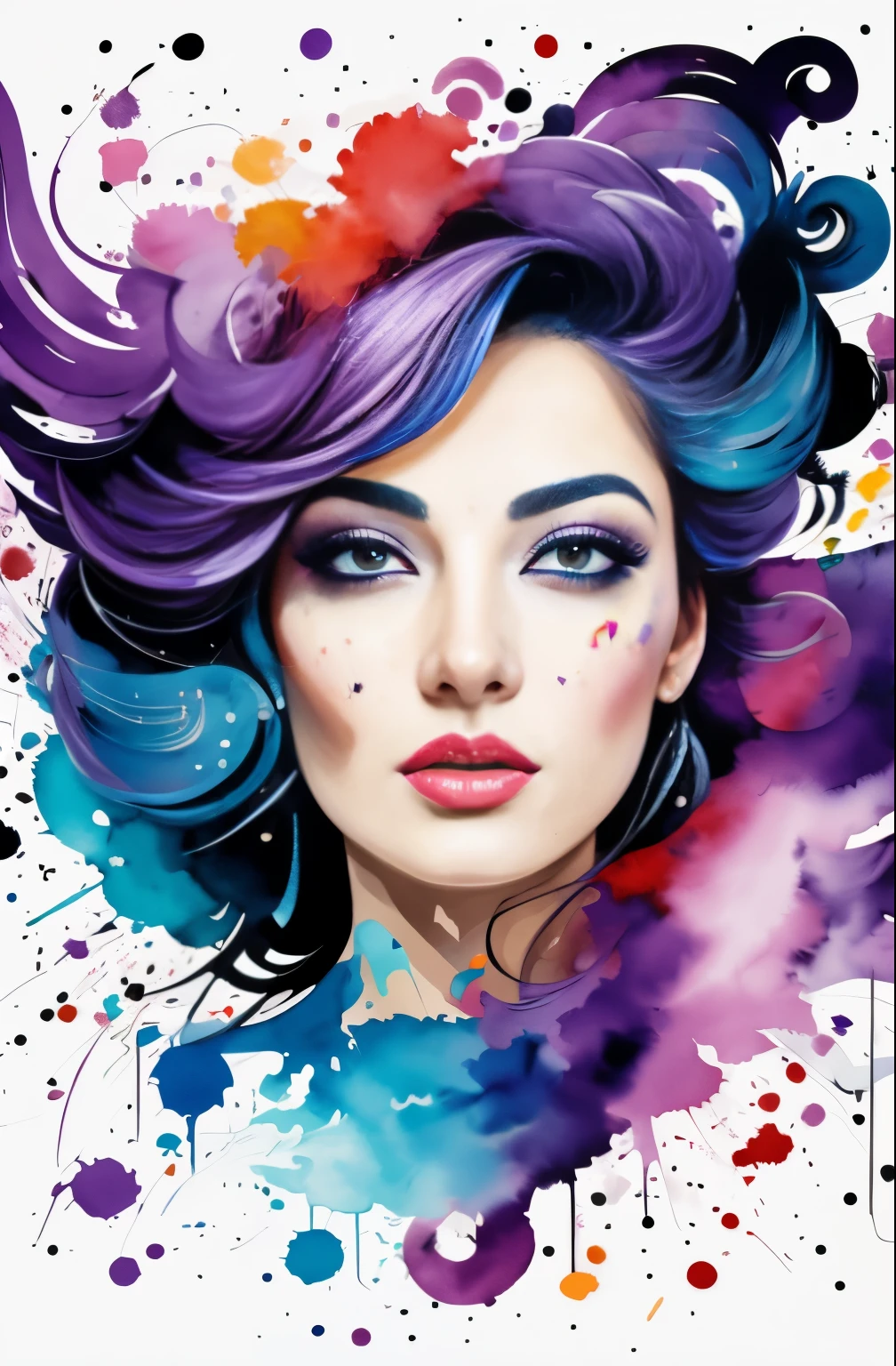 A painting of a woman with a purple and white face, Sylvia Pelissero watercolors, tumbler, abstract art, Intense watercolor painting, watercolor detailed art, watercolor splash, surreal, Avant-garde pop art, Beautiful and expressive painting, Beautiful artwork illustration, very colorful tones, Fantastic, cool beauty, highest quality,official art, women only, sharp outline, best shot, vector art